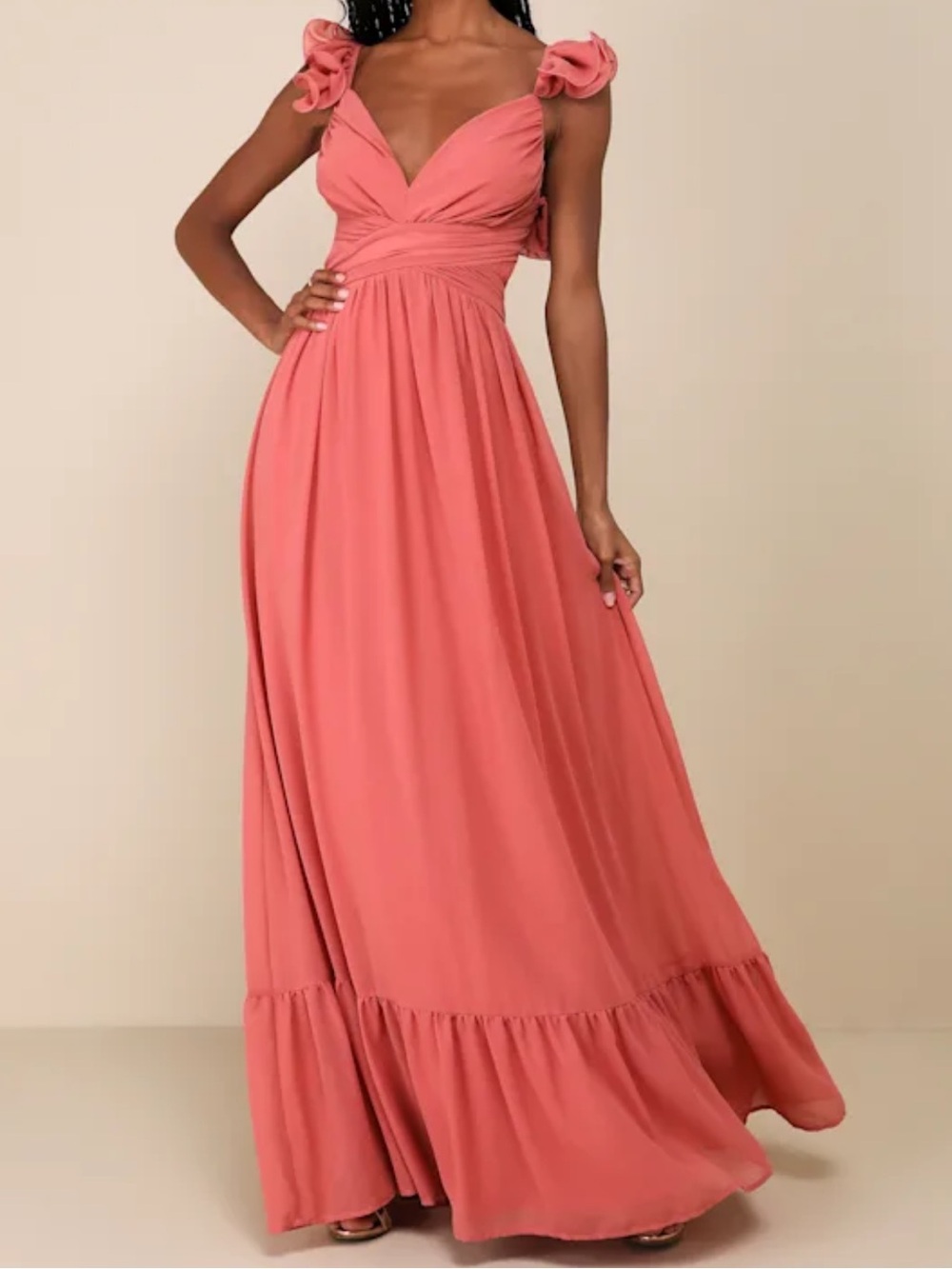 NWT- Soiree Celebration Rusty Rose Ruffled Lace-Up Maxi Dress